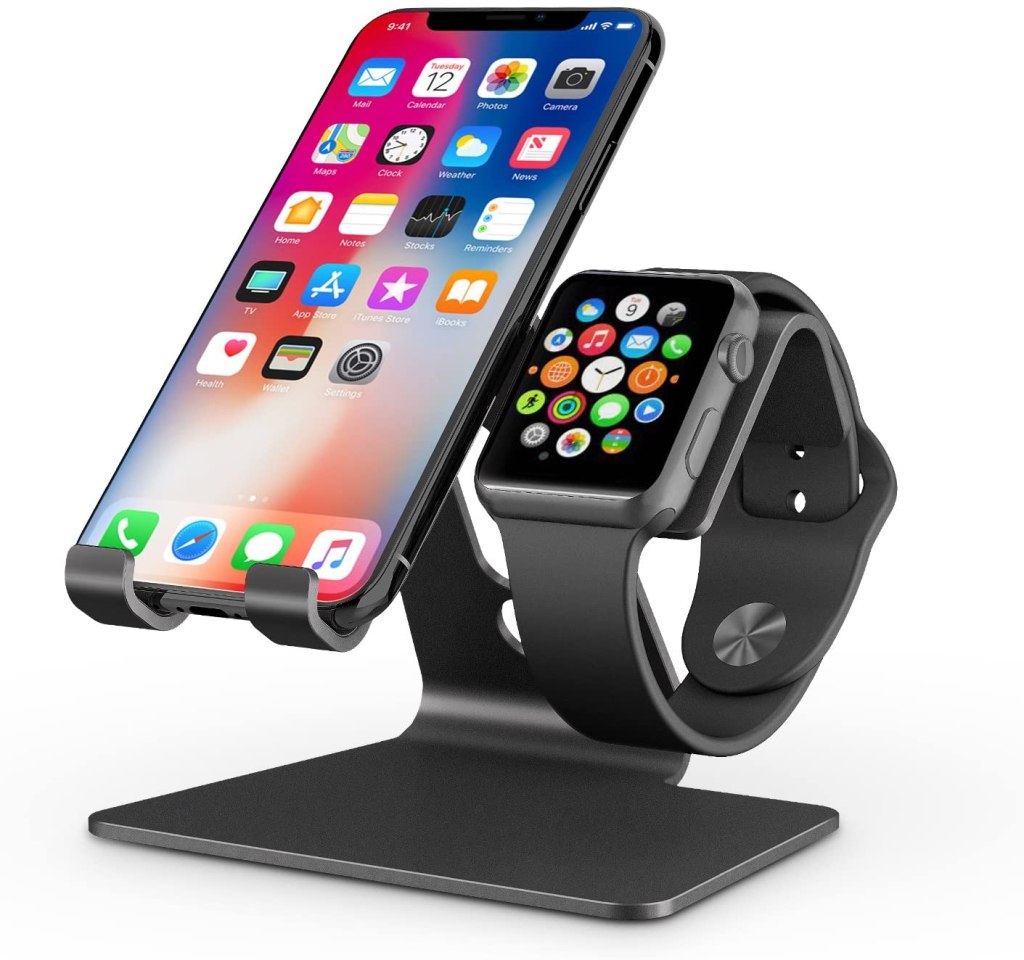 Apple Watch Stand, OMOTON 2 in 1 Universal Desktop Stand Holder for iPhone and Apple Watch Series 5/4/3/2/1 (Both 38mm/40mm/42mm/44mm) (Black)